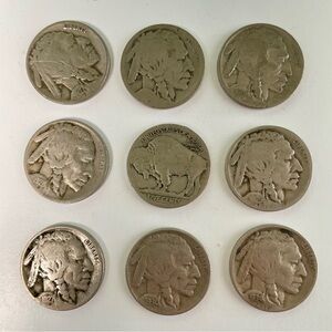 Lot (A) of 9 Buffalo Indian Head Nickels – Mixed Dates – Circulated